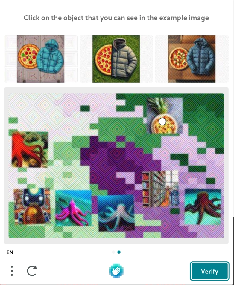 "Click on the object that you can see in the example."
Three AI generated images of pizza next to a jacket.
A nonsensical AI generated image littered with random objects including a pizza which has been selected.