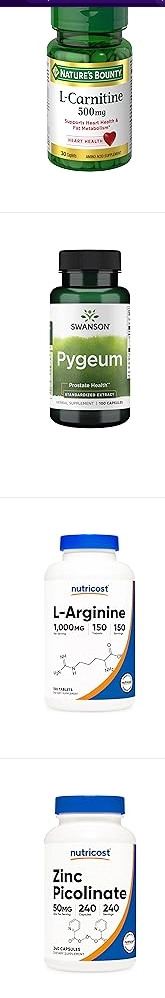 Four items in an Amazon checkout; L-Arginine, L-Carnitine, Pygeum, and Zinc.