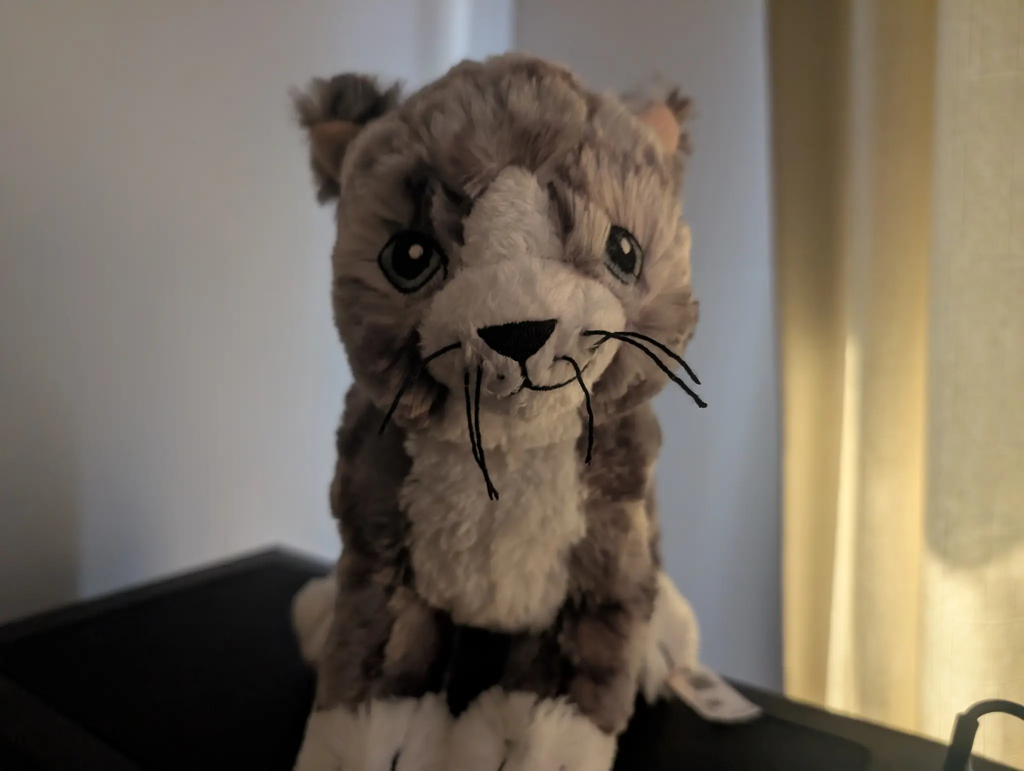 IKEA Lilleplutt cat plushie standing on my PC