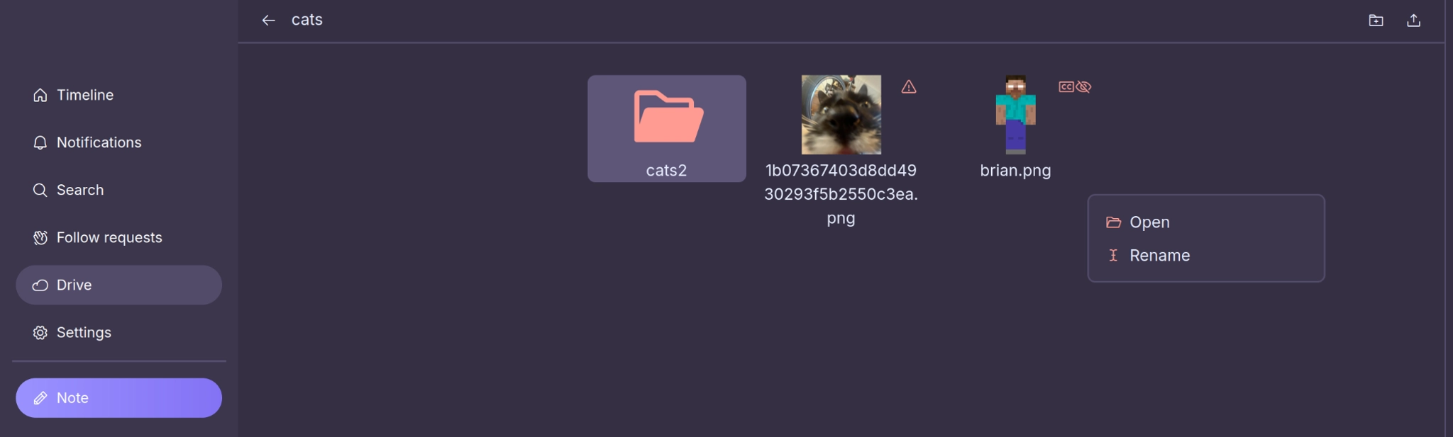 Iceshrimp.NET drive management page. Inside a folder called cats. There is a folder named cats2, a picture of a cat and a picture of some guy. The context menu from the folder is greatly offset. In the top right is a button to create a folder and a button to upload a file.
