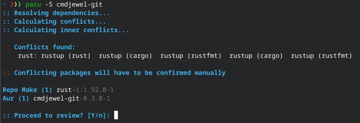 Repo make: rust
Conflicts with rustup (rust) rustup (cargo) rustup (rustfmt)