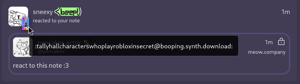 Hovering over a reaction notification from Sneexy. It's 1.5x larger and shows the emoji name