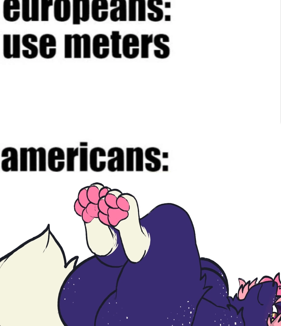 Me, laying on my back. Text says; 
Europeans use cm. 
meanwhile, Americans:
For the punchline, please see the image above.