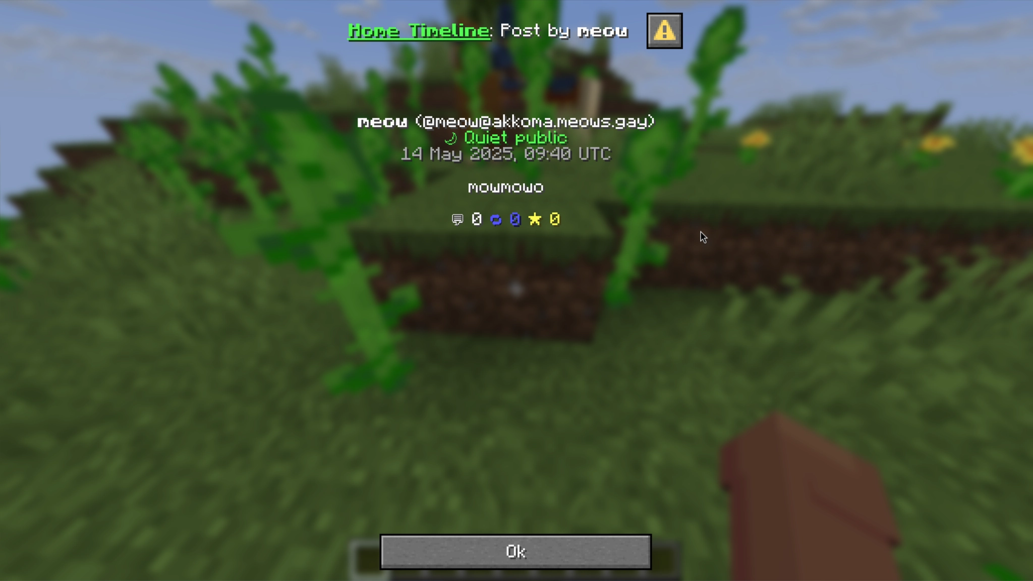 Post from @meow@akkoma.meows.gay in a Minecraft dialog
