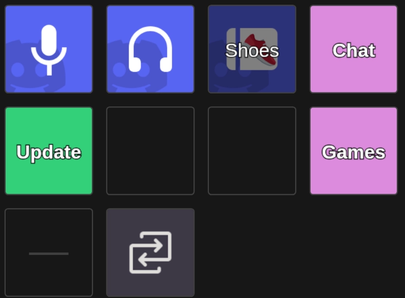 Stream Deck Neo with buttons for Discord Toggle Mute, Discord Toggle Deafen, Shoes, Update system, Chat workspace, Games workspace, Switch to next page