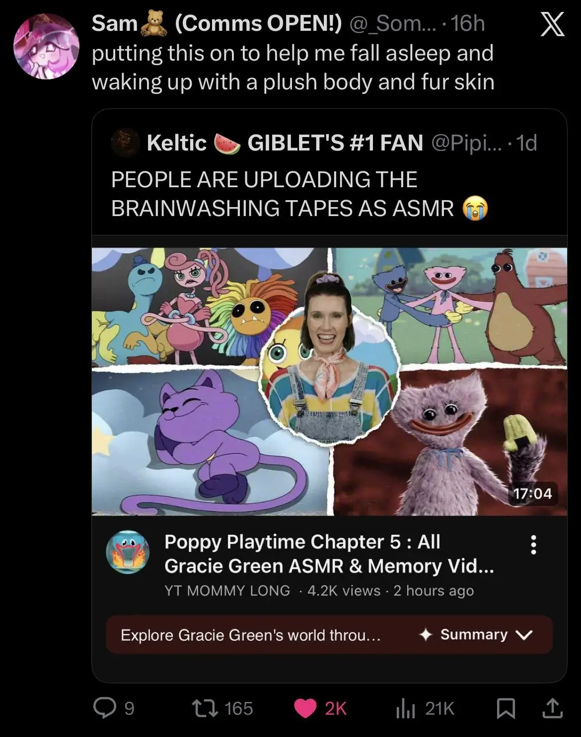 Quote post on twitter of the poppy playtime brainwashing tapes uploaded as ASMR.