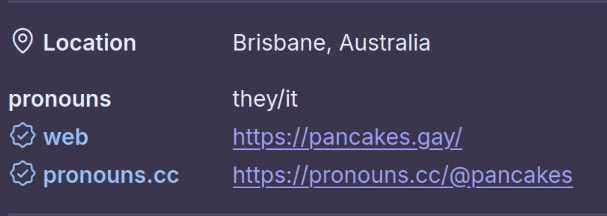 My profile fields showing a verified icon next to the "web" and "pronouns.cc" fields
