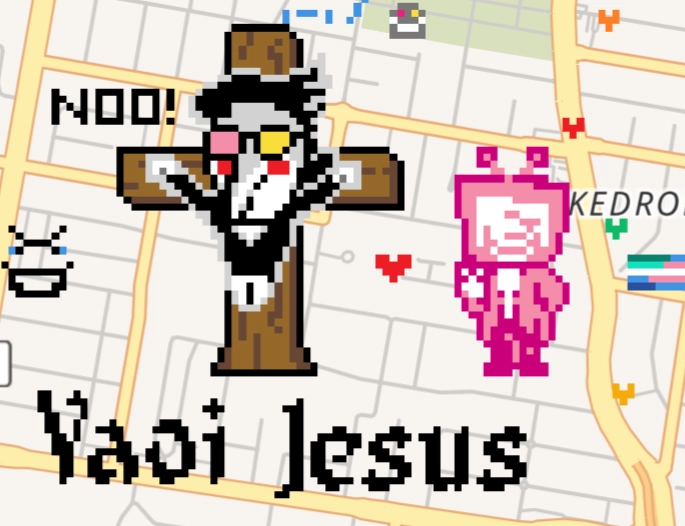 wplace drawing of Tenna crucifying Spamton with the text "Yaoi Jesus" in Brisbane