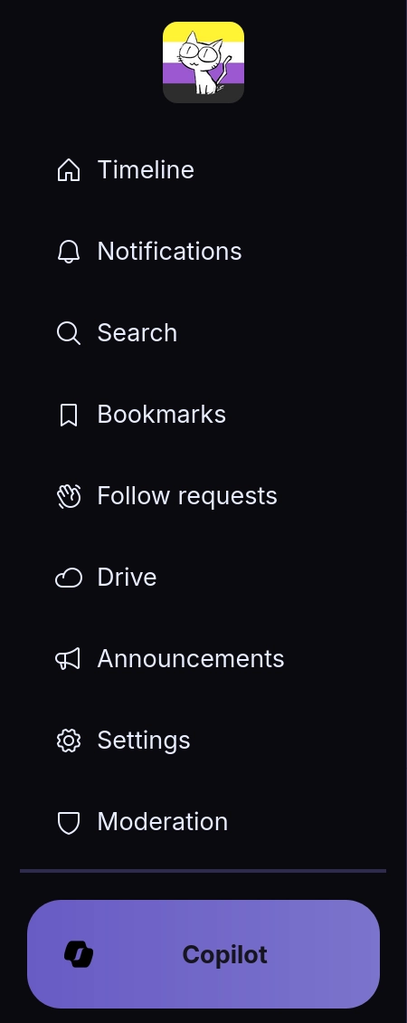 Iceshrimp.NET side bar with a Copilot button instead of a note button