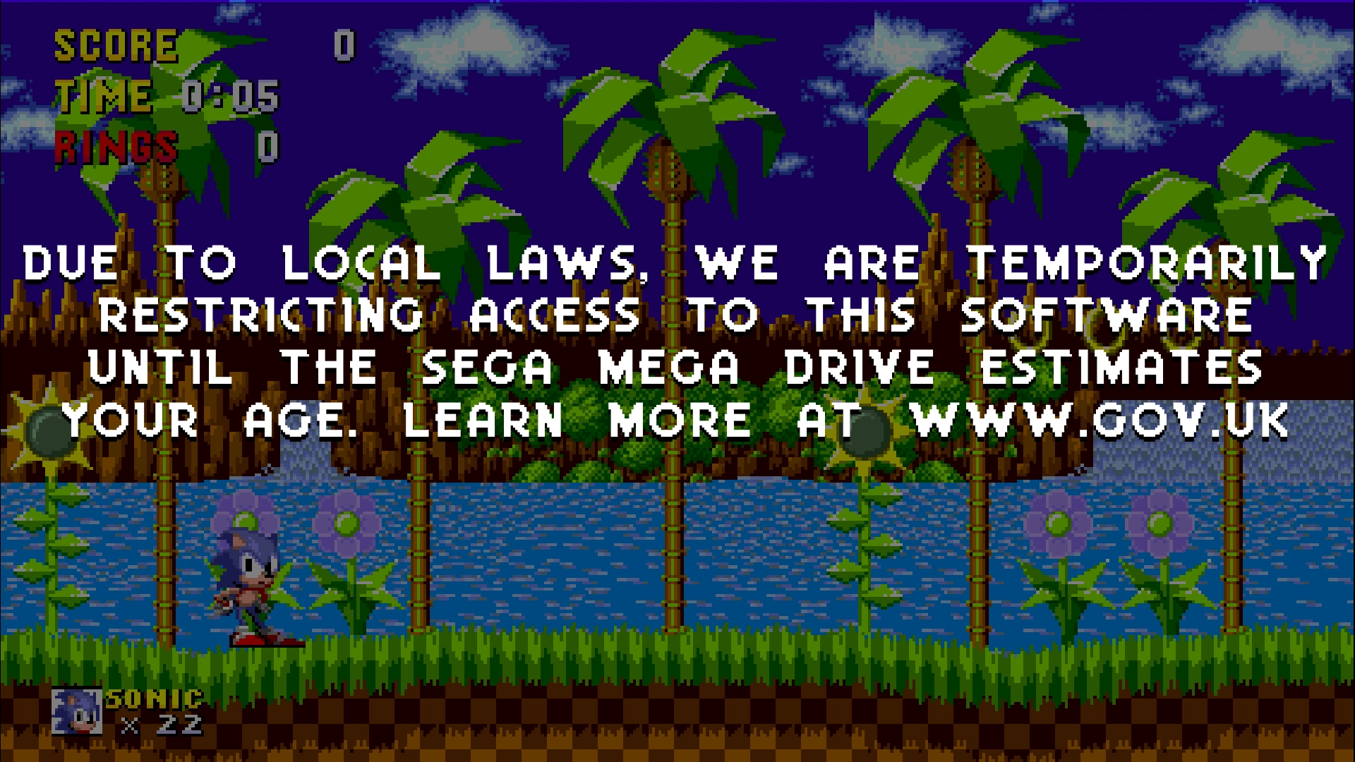 Due to local laws, we are temporarily restricting access to this software until the Sega Mega Drive estimates your age. Learn more at www.gov.uk