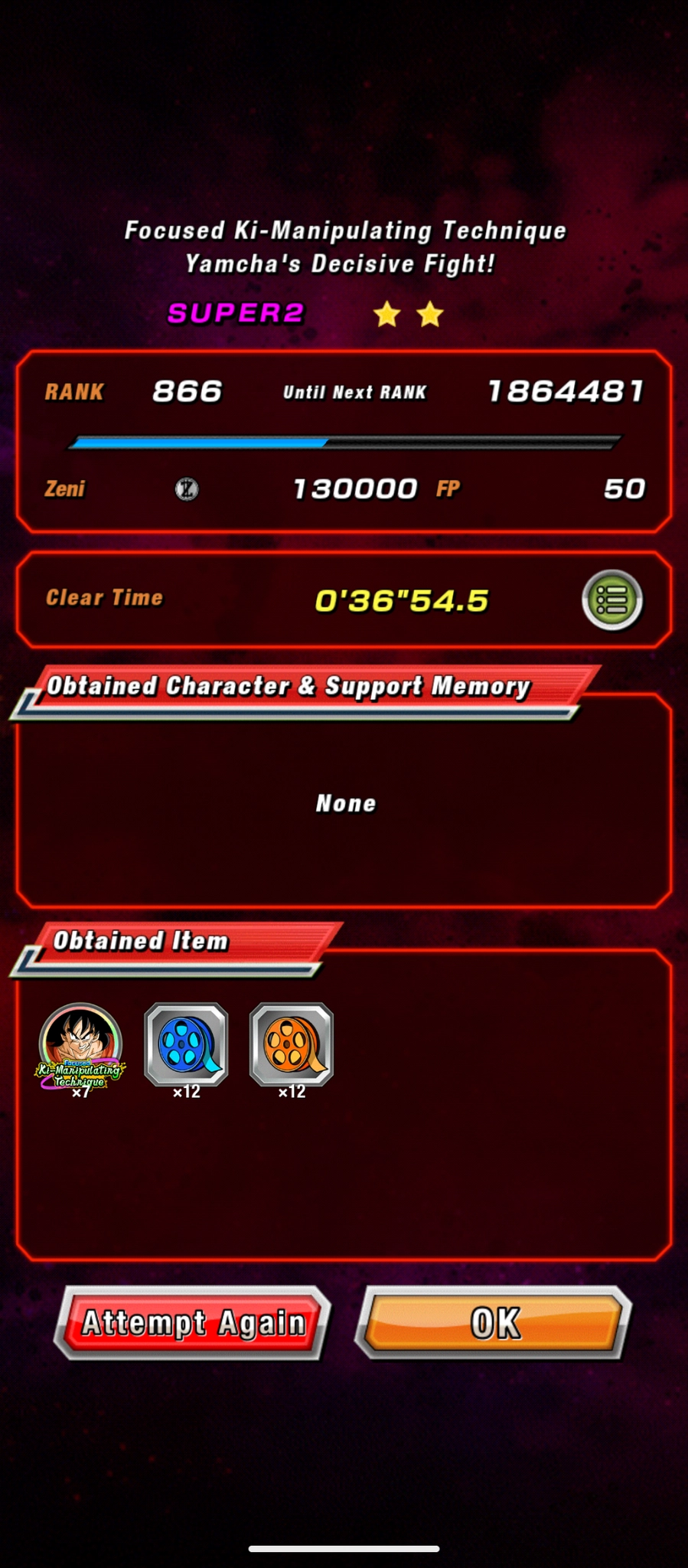 Screenshot of Hit mobile game, Dragon Ball Z: Dokkan Battle. Timer says I beat the sage in 36:54.