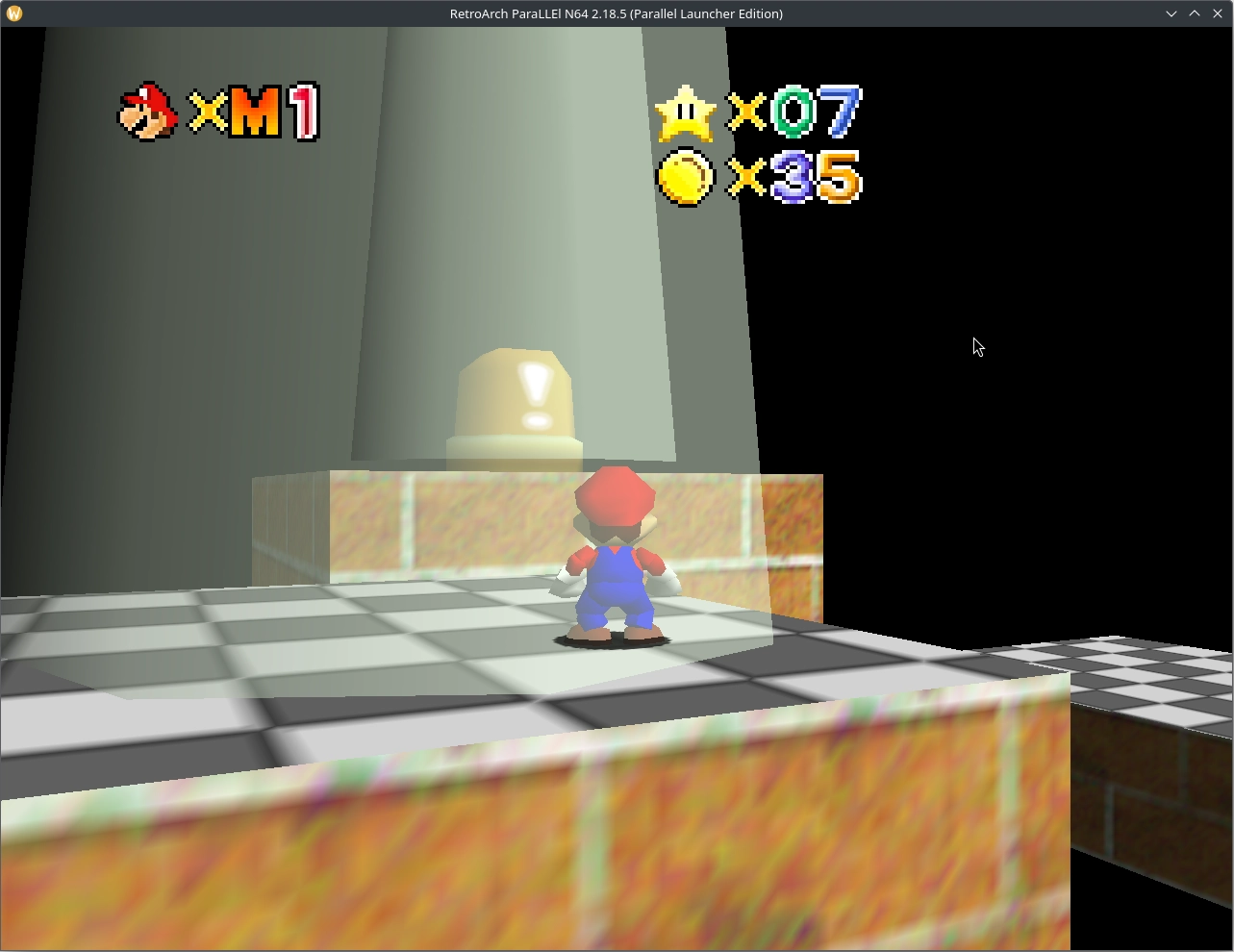 mario 64 level with yellow brick pillars, checkered floors and a yellow switch