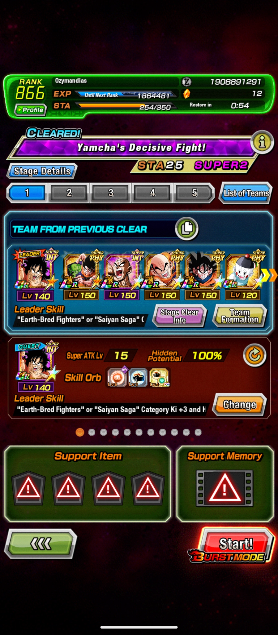 My team of units I used.
• Newly EZA'd I UR INT Earth's Dominant Elite - Yamcha (HARD carry. His abilities are very good for a fight like this. ex, 3rd image.)
• LR PHY Desperate Onslaught - Goku & Piccolo/Piccolo (exchange unit even though I didn't need to.) 
• LR INT The Last Tri-Beam - Tien 
• LR PHY Raging Killer Move - Krillin
• LR PHY Furious Counterattack - Goku
• Another INT Yamcha as a freind unit to get the 200% leader skill for "Earthlings" category Cards.

The reason there's only INT and PHY units is that it's a restricted stage, Burst Mode lets you create your own challenge for more points. Me being me, of course, went for the full 6000 first try. I did it, but it took a while. Fun fight!!!