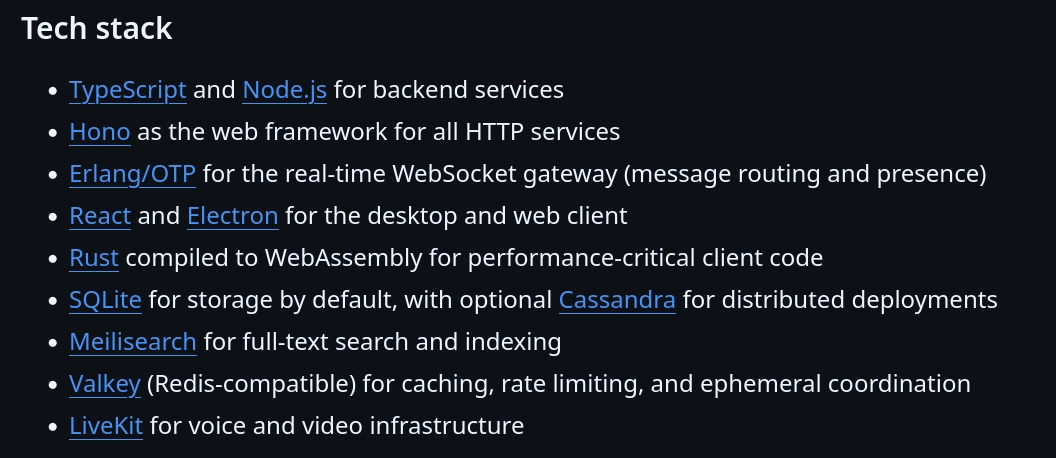 Tech stack

TypeScript and Node.js for backend services
Hono as the web framework for all HTTP services
Erlang/OTP for the real-time WebSocket gateway (message routing and presence)
React and Electron for the desktop and web client
Rust compiled to WebAssembly for performance-critical client code
SQLite for storage by default, with optional Cassandra for distributed deployments
Meilisearch for full-text search and indexing
Valkey (Redis-compatible) for caching, rate limiting, and ephemeral coordination
LiveKit for voice and video infrastructure