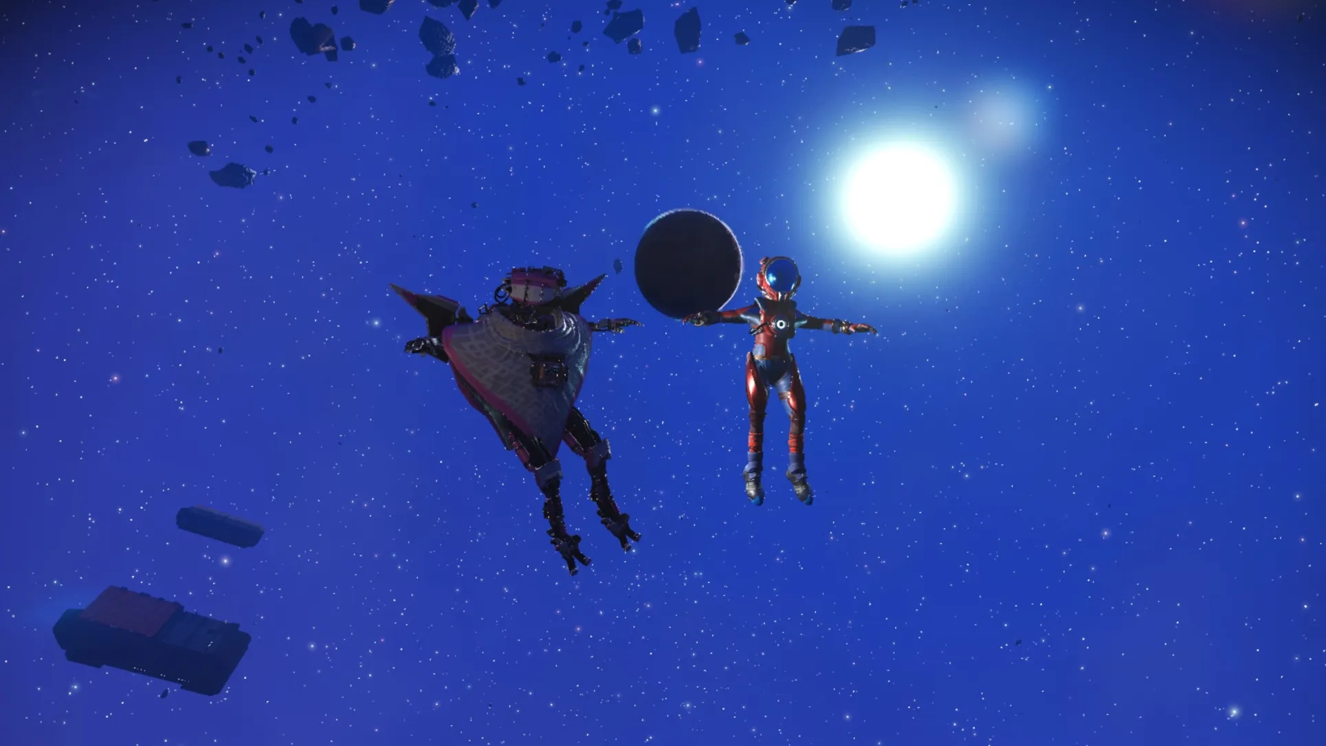 me and ash's travellers in space walk at the destination of the black hole