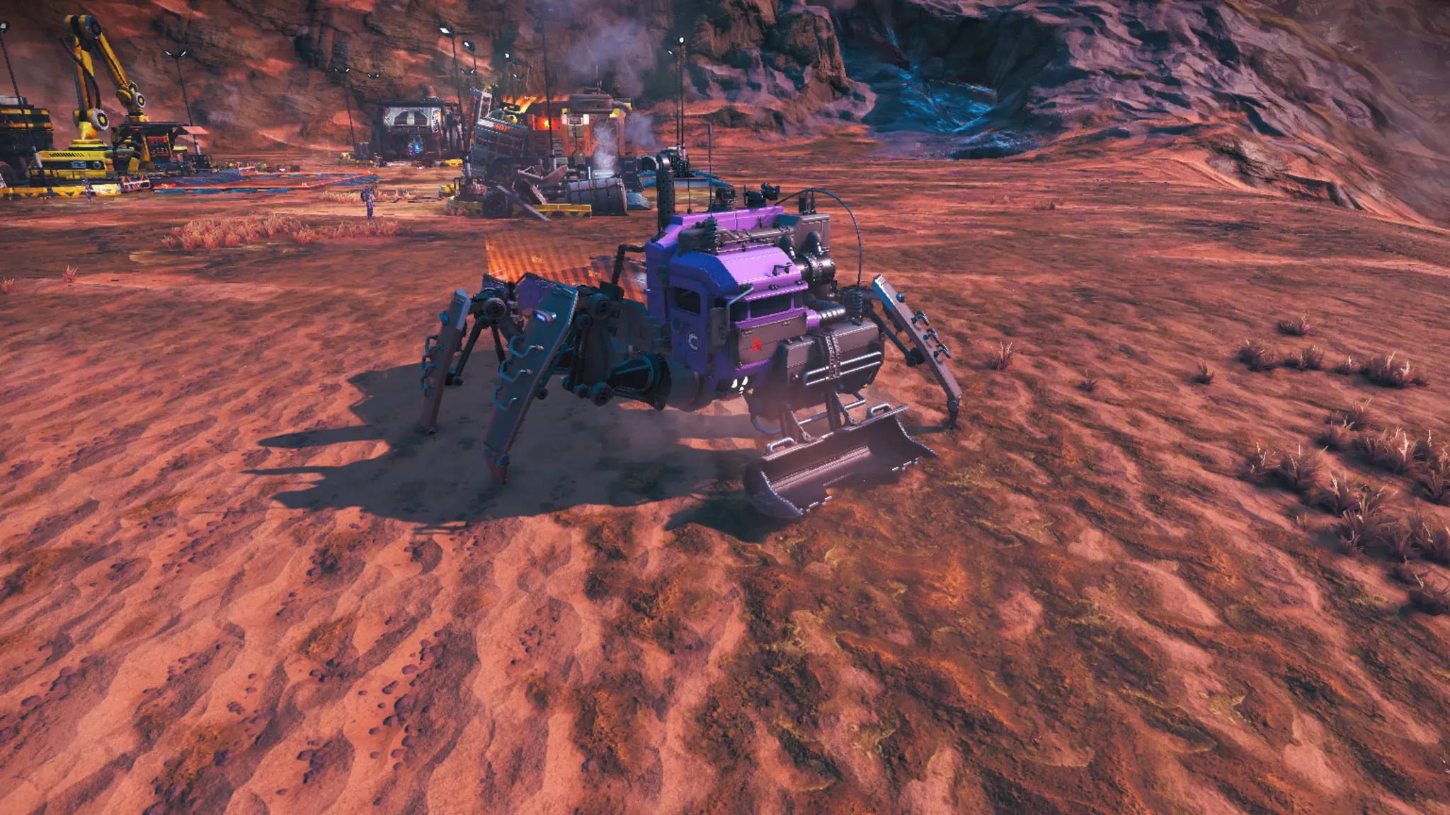 no man's sky colossus with purple and gray paint, flat bed, asymmetrical cabin, and mechanical legs