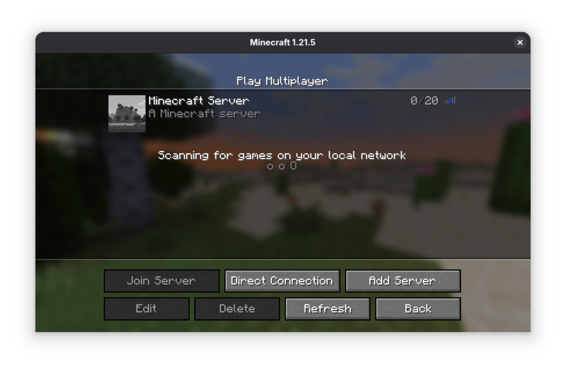 Server called "A Minecraft server" with 0/20 players and unresolved ping