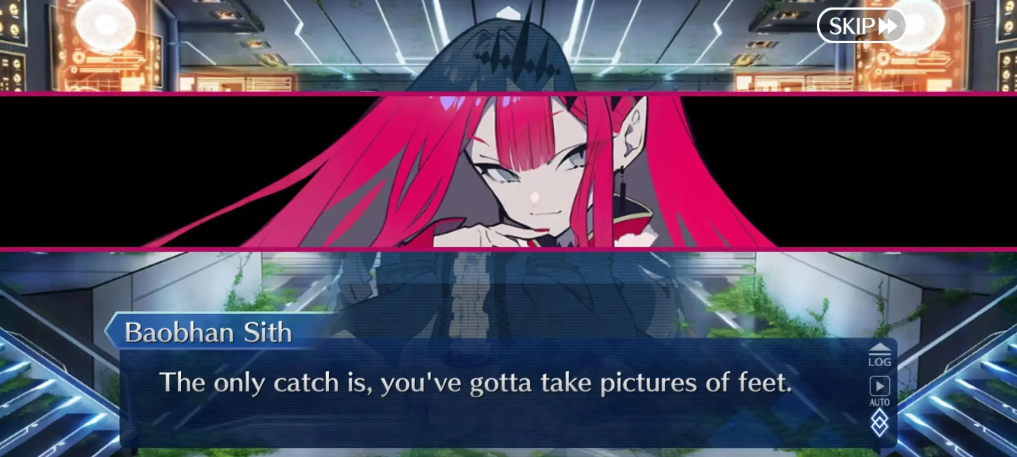 Fate/Grand Order Servant, Baobhan Sith. She's saying "The only catch is, you've gotta take pictures of feet."