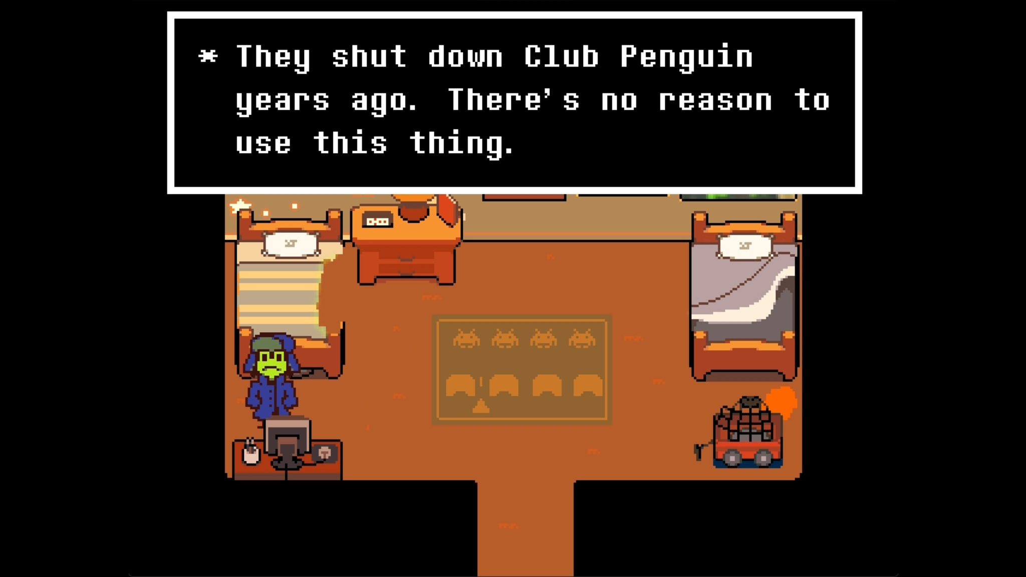 Screenshot of RIBBIT. YOU is interacting with a computer. "They shut down Club Penguin years ago. There's no reason to use this thing."