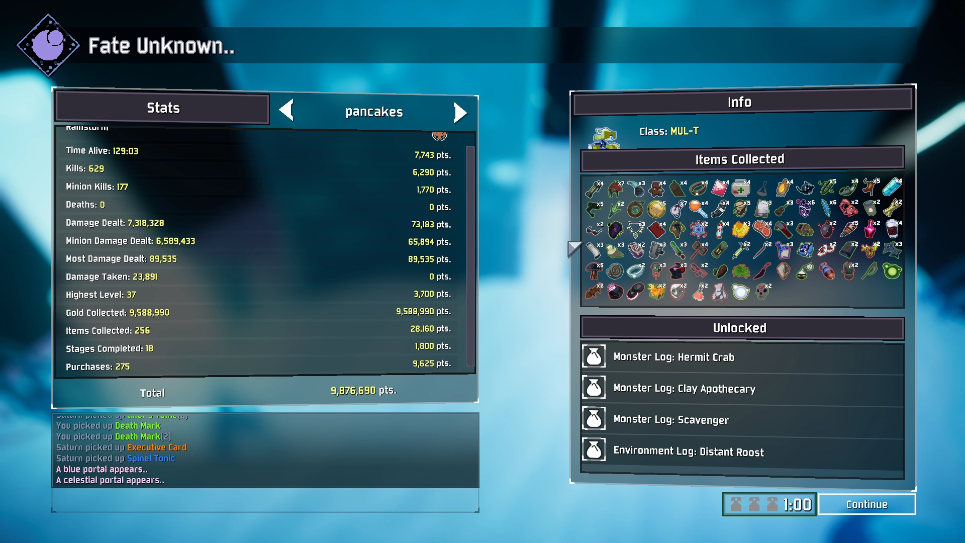 Screenshot of Risk of Rain 2 end score screen