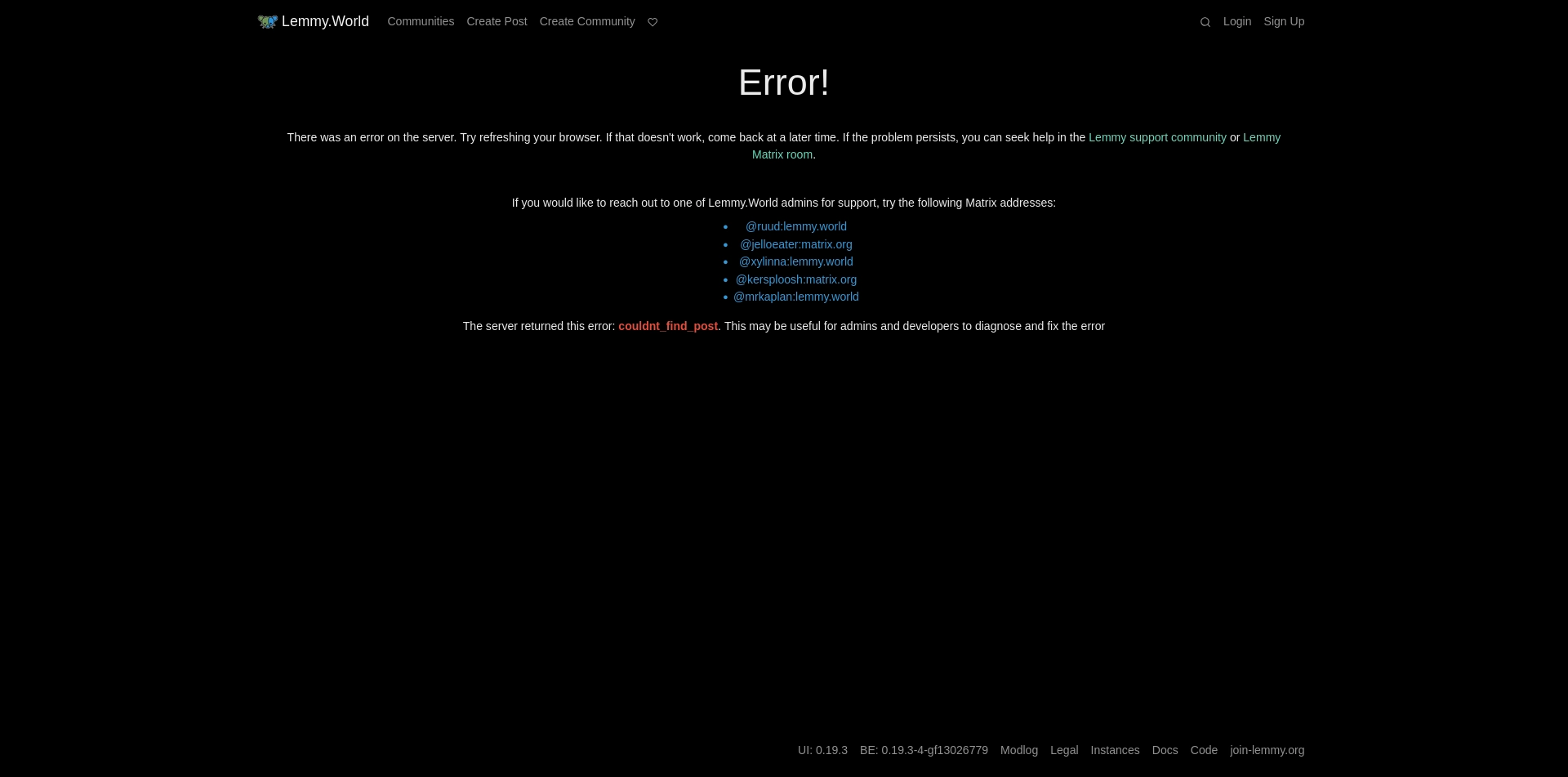 Lemmy.world
The server returned this error: couldnt_find_post. This may be useful for admins and developers to diagnose and fix the error