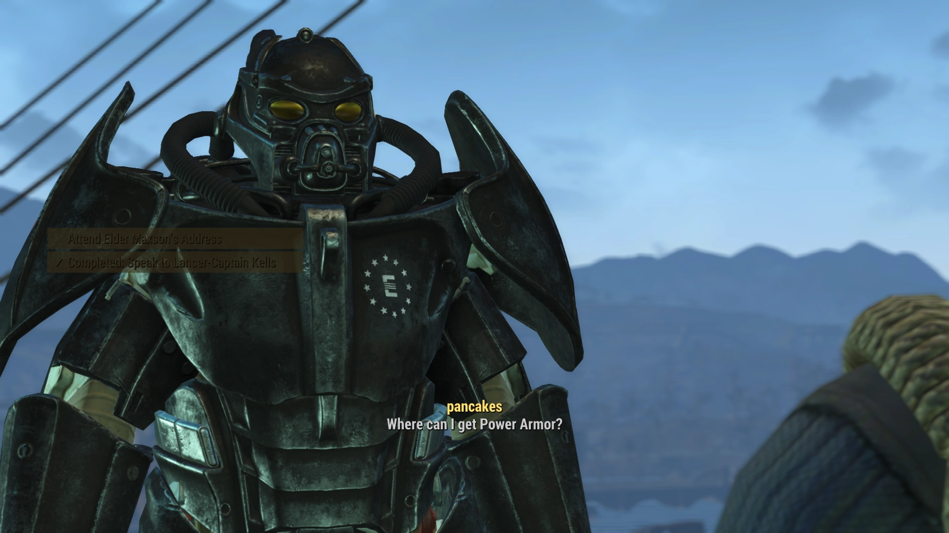 pancakes on The Prydwen wearing Enhanced X-02 Power Armor and asking "Where can I get Power Armor?"