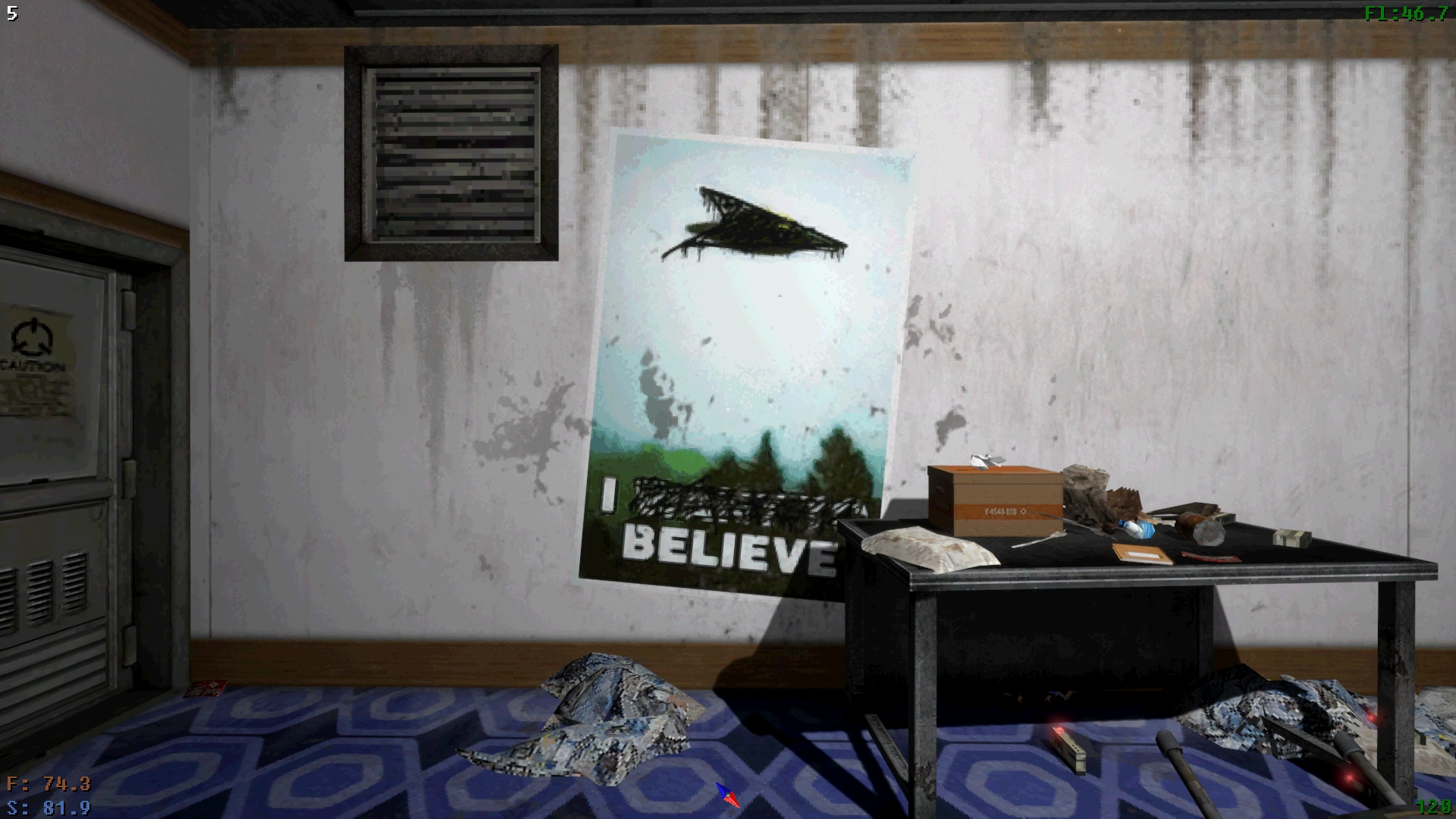 "I Want To Believe" poster on the wall but the words "Want To" and the UFO are crossed out