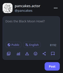 Screenshot of the Chuckya post compose widget. The placeholder says "Does the Black Moon Howl?"