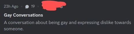 Screenshot from Discord AI "Summaries":
Gay Conversations
A conversation about being gay and expressing dislike towards someone.