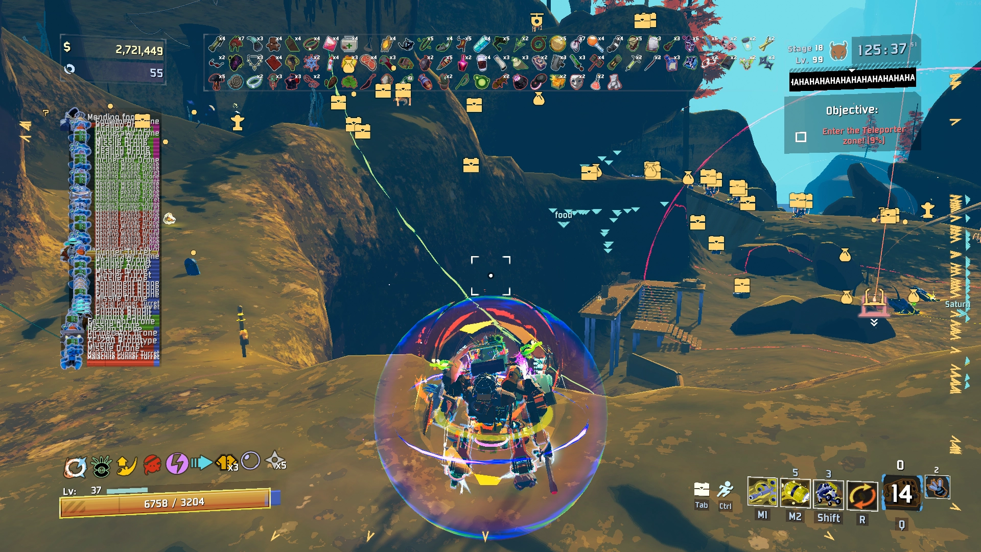 Screenshot of Risk of Rain 2, my characters is a mess of items and particles. There are also a lot of drones in the side bar.