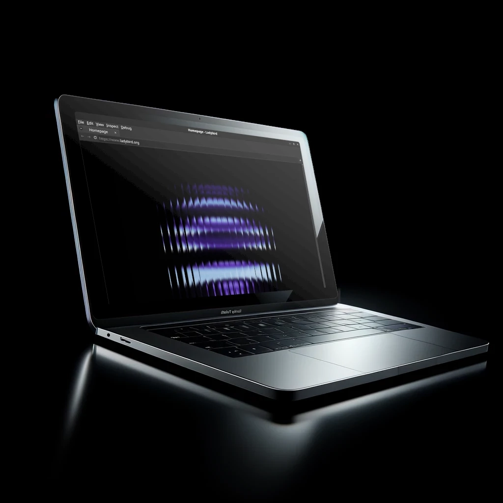 a generated image of a laptop. details to note are the keyboard being so messed up it looks like it was hit with a hammer. some strange port that looks like a double USB-C. a brand name of "dtolvT yHidl" or some other messed up initiation of text.